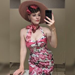 1950s style pink floral sarong pinup wiggle dress
